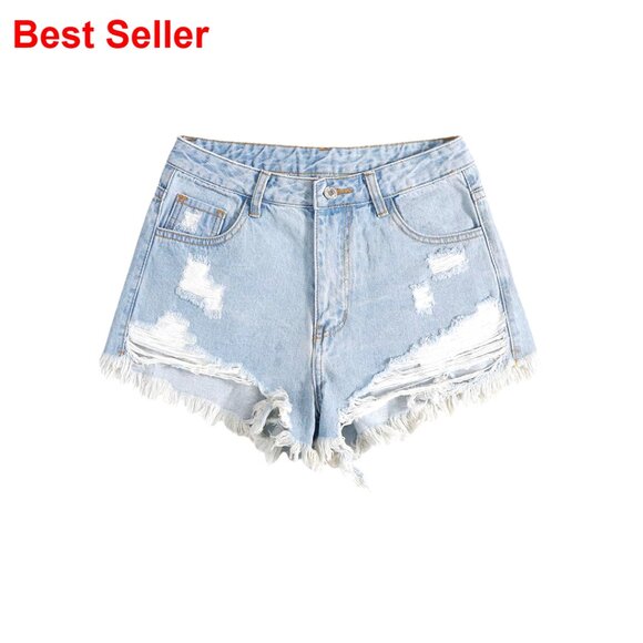 Ripped Raw Hem Denim Shorts High Waisted Straight Leg Streetwear